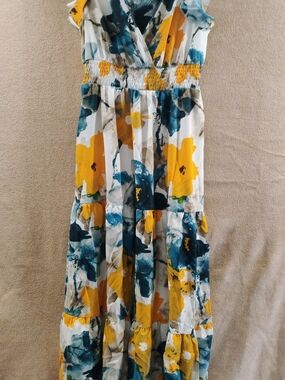 Sleeveless Floral Tiered Maxi Dress in Yellow & Teal
